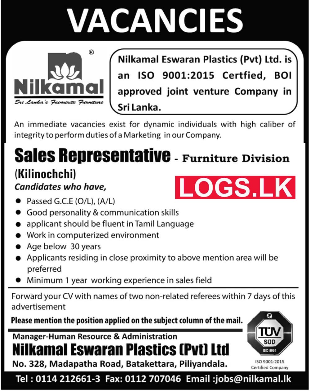 Sales Representative Job Vacancy at Nilkamal Eswaran Plastics